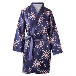 NWT Morgan Lane X Fab Fit Fun Satin Navy Blue Floral Robe, Lightweigh